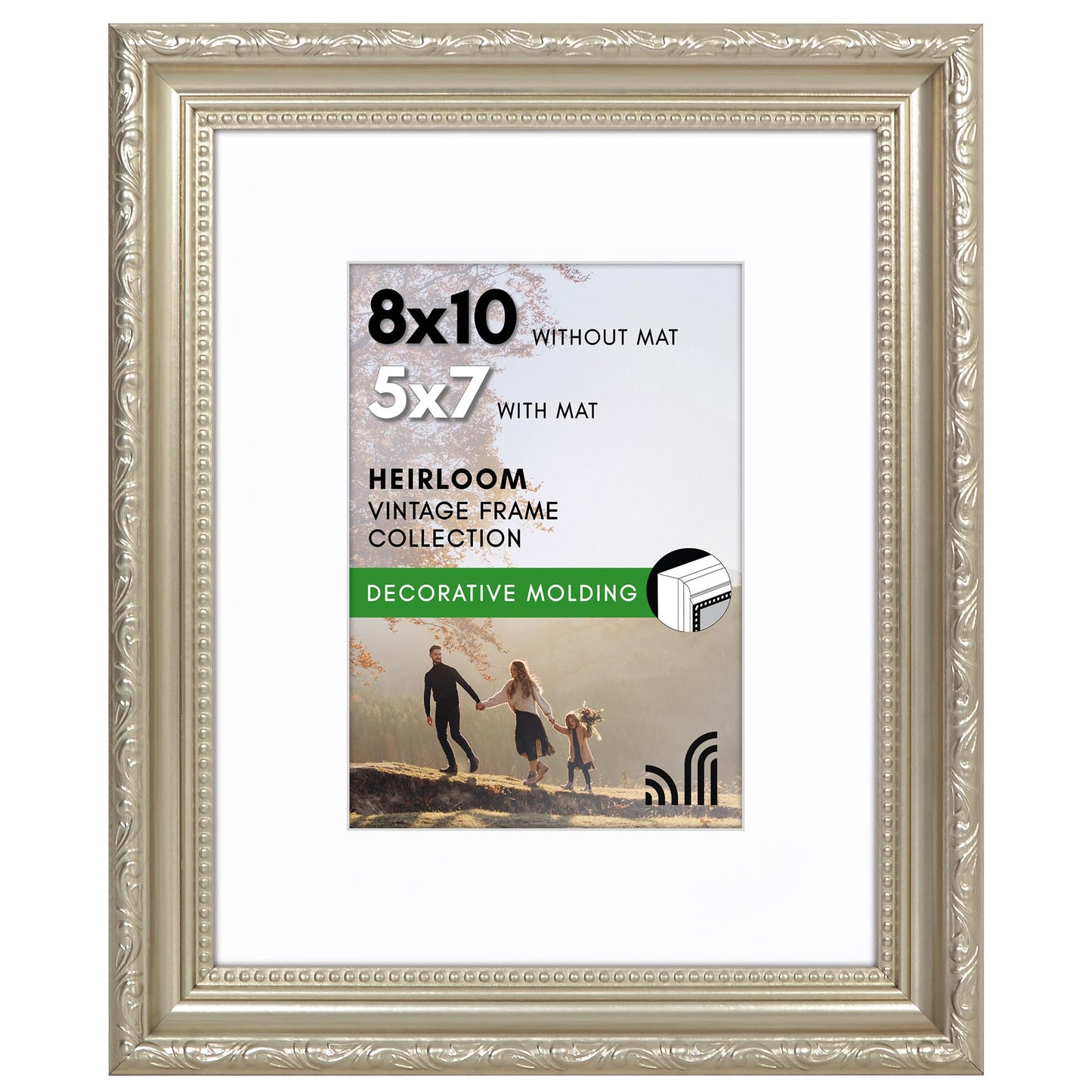 8x10 with 5x7 Mat | Ornate Vintage Frame | Silver | Modern - Premium Quality