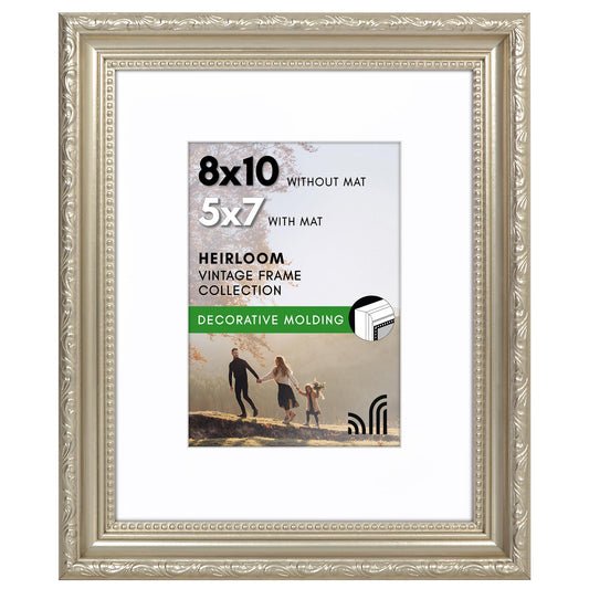 8x10 with 5x7 Mat | Ornate Vintage Frame | Silver | Modern - Premium Quality