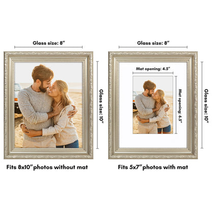 8x10 with 5x7 Mat | Ornate Vintage Frame | Silver | Modern - Premium Quality