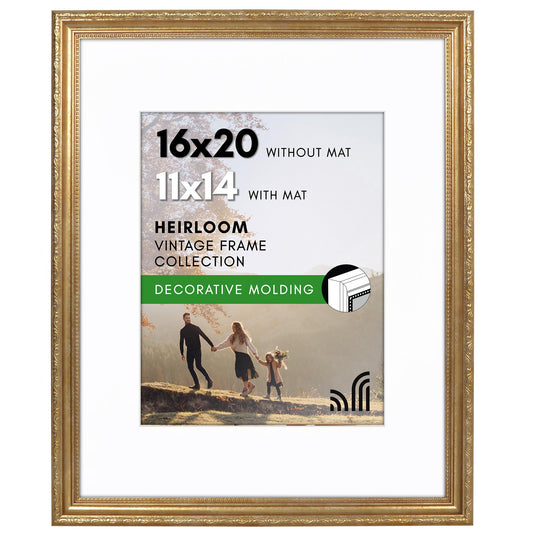 16x20 with 11x14 Mat | Ornate Vintage Frame | Gold | Modern - Premium Quality