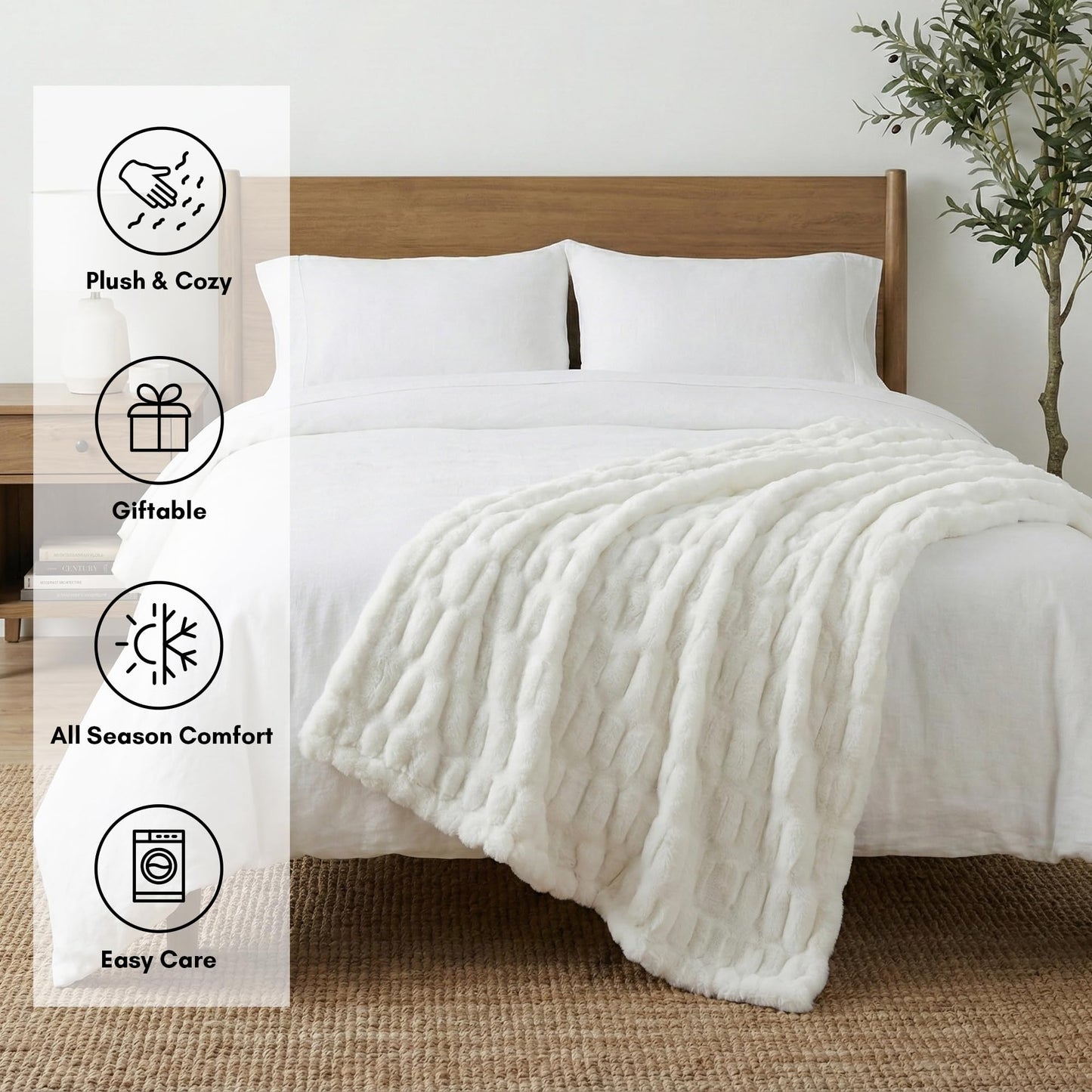 Americanflat 50x60 Rouched Faux Fur Throw Blanket - Soft and Breathable Throw Blanket for Couch, Bed, Chair - White Faux Fur Blankets Perfect for Home, Bedroom, or Outdoor Use