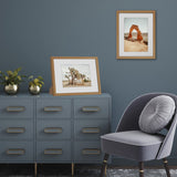 Oak keepsake frames on a blue-grey cabinet holding desert landscape photos 