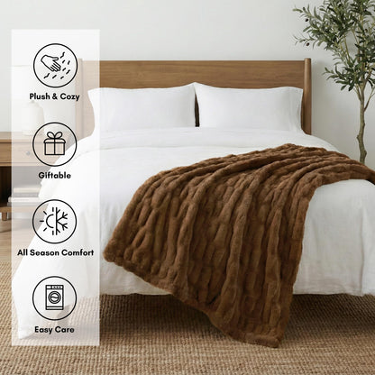 Americanflat 50x60 Rouched Faux Fur Throw Blanket - Soft and Breathable Throw Blanket for Couch, Bed, Chair - Brown Faux Fur Blankets Perfect for Home, Bedroom, or Outdoor Use