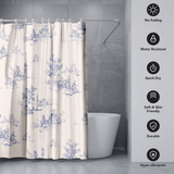 Shower curtain of blue toile pastoral scenes on cream beside icons for no-fading, water resistant and quick dry 