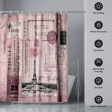 Pink Paris postcard shower curtain, the Eiffel Tower and stamps beside icons for no-fading, water resistant and quick dry 