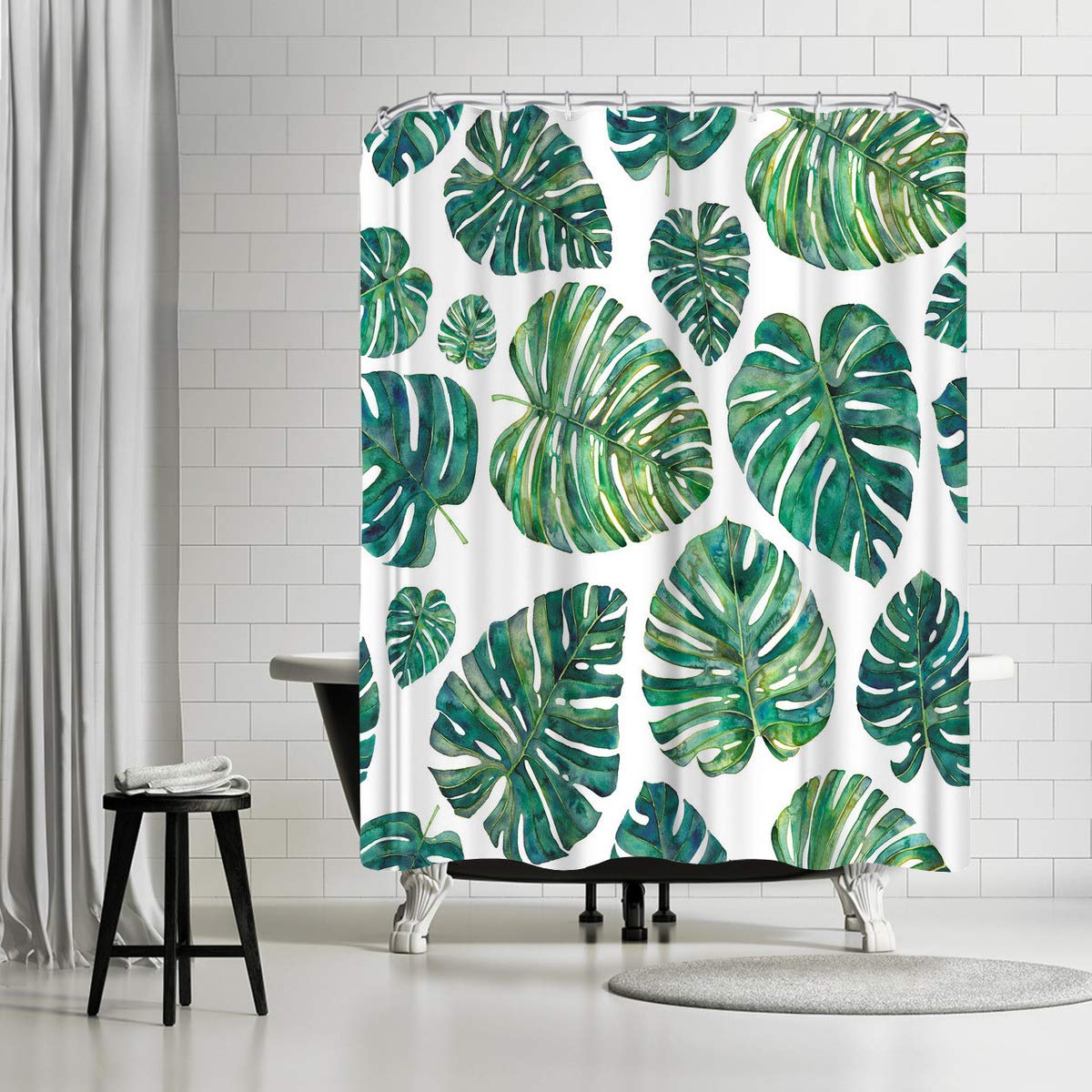 71x74 Botanical Shower Curtain with 12 Metal Grommets | Tropical Leaves
