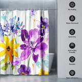 Floral shower curtain of purple and yellow watercolour blooms beside icons for no-fading, water resistant and quick dry 