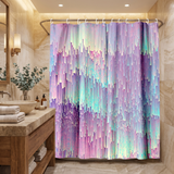 Abstract shower curtain of a pixelated lilac and mint gradient in a wood and stone bathroom beside folded towels 