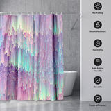 Abstract shower curtain of a pixelated lilac and mint gradient beside icons for no-fading, water resistant and quick dry 