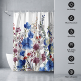 Floral shower curtain of blue, purple and red blooms beside icons for no-fading, water resistant and quick dry 
