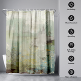 Abstract shower curtain in sage, teal and grey washes beside icons for no-fading, water resistant and quick dry 