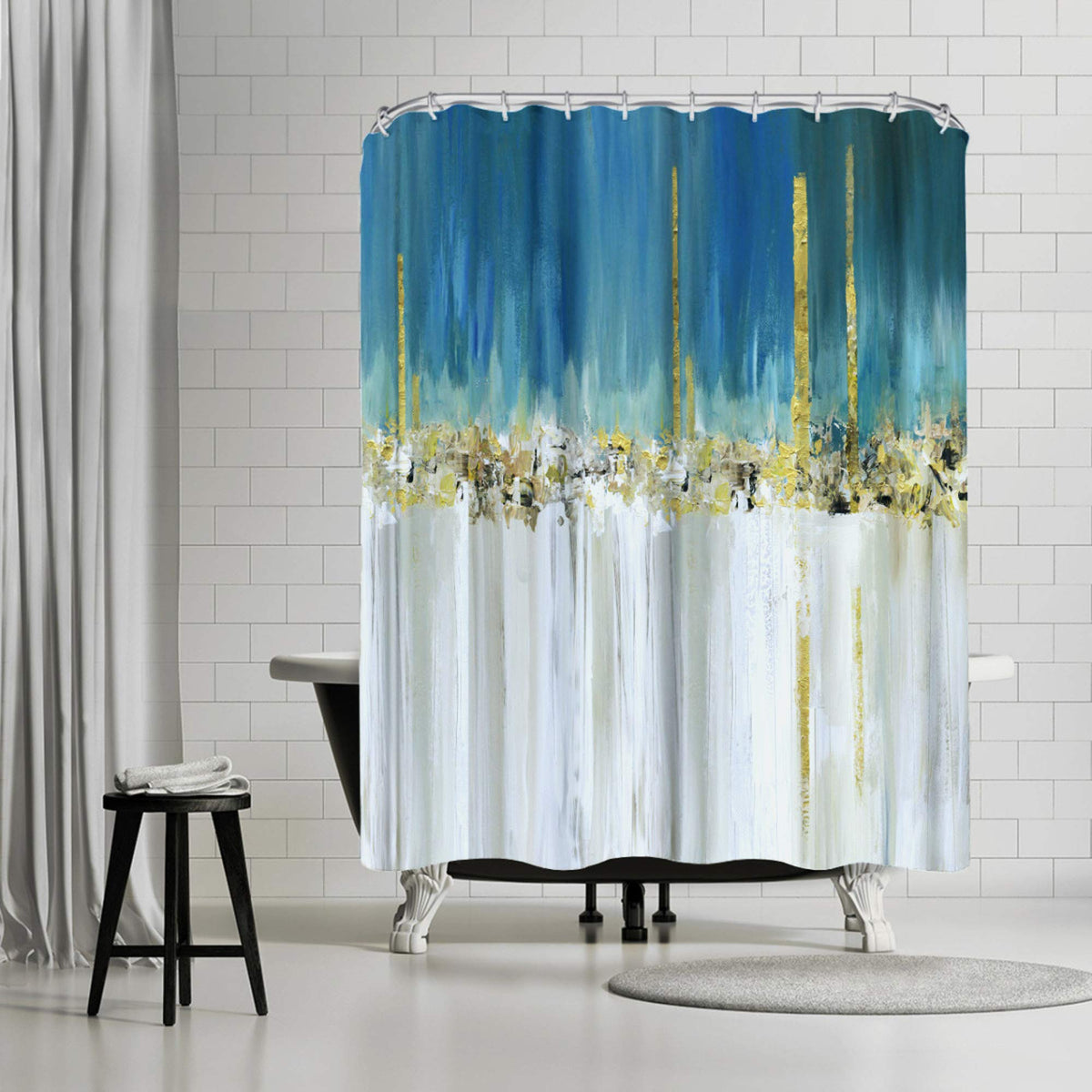 71x74 Abstract Shower Curtain with 12 Metal Grommets | Blue Batik