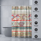 Boho shower curtain of ornate mandala diamonds in red and teal beside icons for no-fading, water resistant and quick dry 