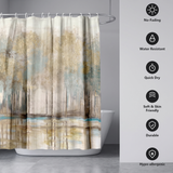 Shower curtain of a misty gold and teal woodland beside icons for no-fading, water resistant and quick dry 