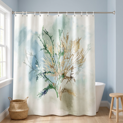 71x74 Abstract Shower Curtain with 12 Metal Grommets | Green Coral — 71 x 74
