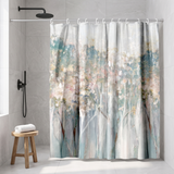 Abstract shower curtain of misty blossom trees in blush and teal in a walk-in shower beside a black rain head and stool 