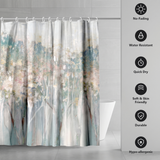 Abstract shower curtain of misty blossom trees in blush and teal beside icons for no-fading, water resistant and quick dry 