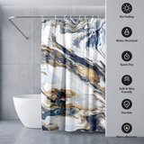 Abstract shower curtain of navy, gold and white marbled swirls beside icons for no-fading, water resistant and quick dry 