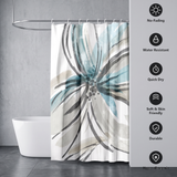 Shower curtain with a large brushed flower in teal and grey beside icons for no-fading, water resistant and quick dry 