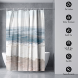 Shower curtain of soft teal sea, white surf and pale sand bands beside icons for no-fading, water resistant and quick dry 