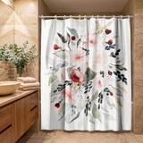 Floral shower curtain of a watercolour bouquet in blush and red in a wood and stone bathroom beside folded towels 