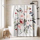 Floral shower curtain of a watercolour bouquet in blush and red in a walk-in shower beside a black rain head and stool 