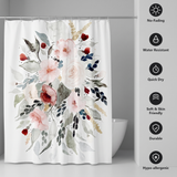 Floral shower curtain of a watercolour bouquet in blush and red beside icons for no-fading, water resistant and quick dry 