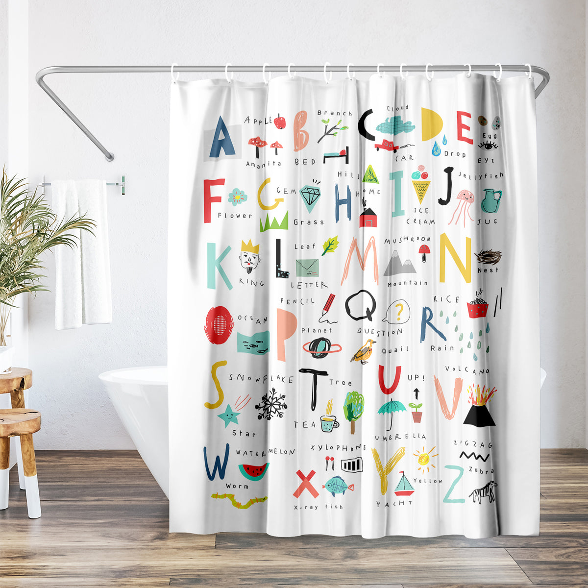 71x74 Shower Curtain with 12 Metal Grommets | Hand Drawn Alphabet