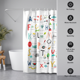 Shower curtain printed with a hand drawn A to Z alphabet chart beside icons for no-fading, water resistant and quick dry 
