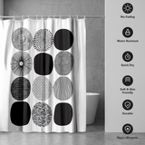 Abstract shower curtain of black and white patterned circles beside icons for no-fading, water resistant and quick dry 