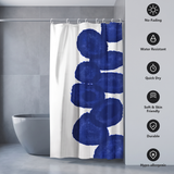 Shower curtain with a column of deep navy ink blots on white beside icons for no-fading, water resistant and quick dry 