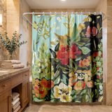 Floral shower curtain of painted coral and cream blooms on dark in a wood and stone bathroom beside folded towels 
