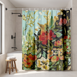 Floral shower curtain of painted coral and cream blooms on dark in a walk-in shower beside a black rain head and stool 