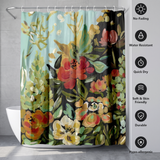 Floral shower curtain of painted coral and cream blooms on dark beside icons for no-fading, water resistant and quick dry 