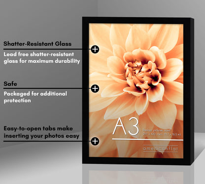 Americanflat | A3 Picture Frame with Shatter-Resistant Glass | Set of 2 | 11.7x16.5 Frame with Engineered Wood | Signature Collection | A3 Frames for Wall Display | Black