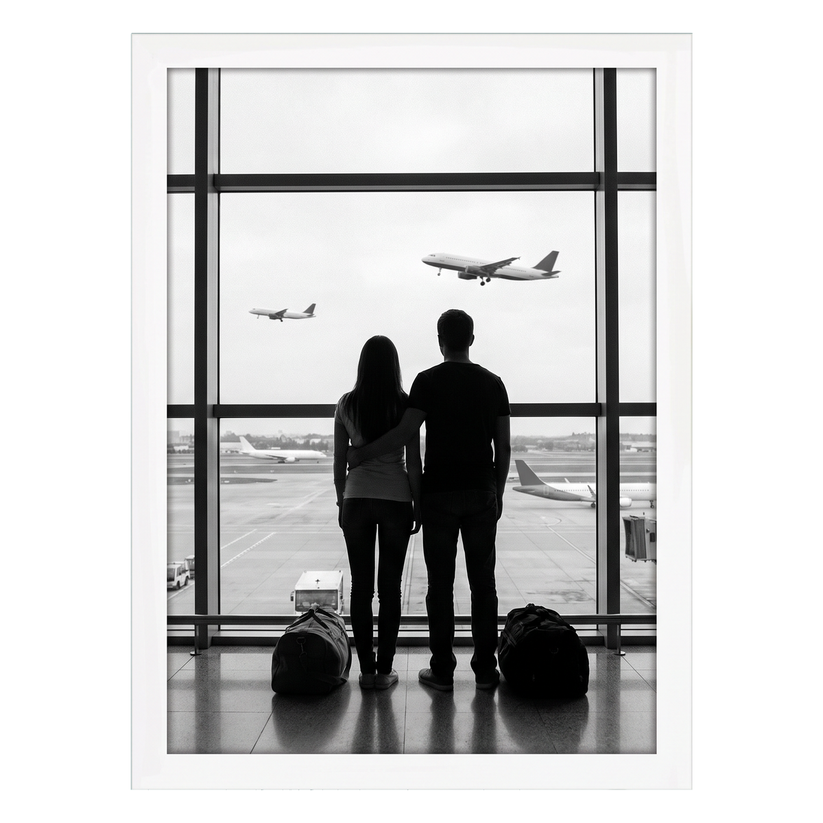 White A3 frame, two travellers watching a plane through an airport window 