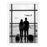 White A3 frame, two travellers watching a plane through an airport window 