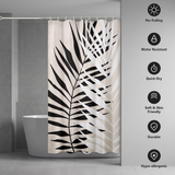 Shower curtain with a bold black palm frond on pale stripes beside icons for no-fading, water resistant and quick dry 