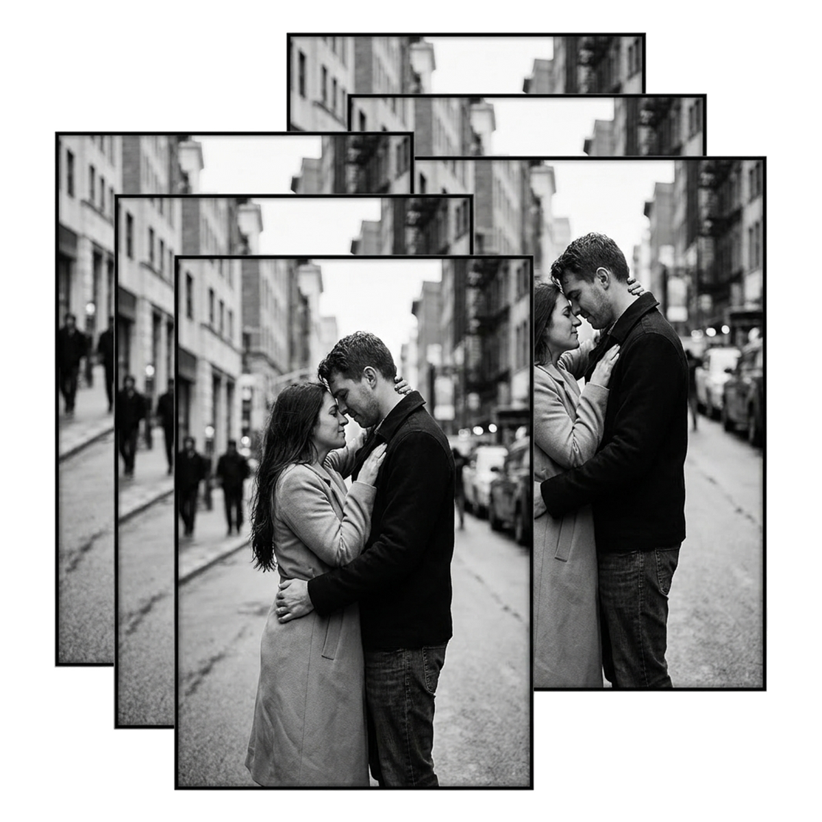 Six black 4x6 frames stacked, a couple embracing on a busy street 