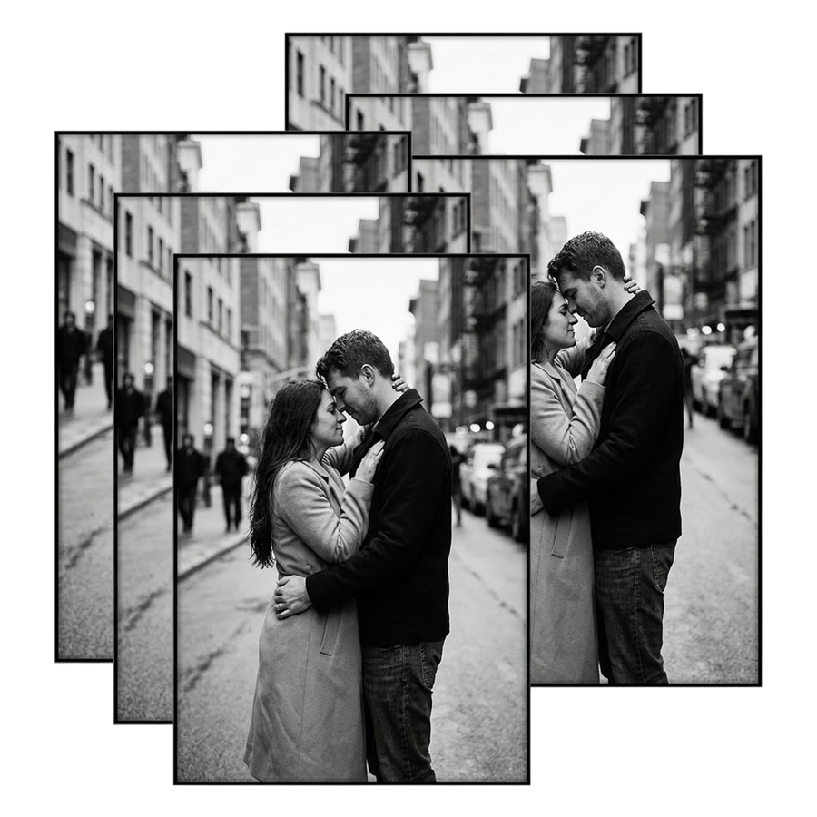 Six black 4x6 frames stacked, a couple embracing on a busy street 