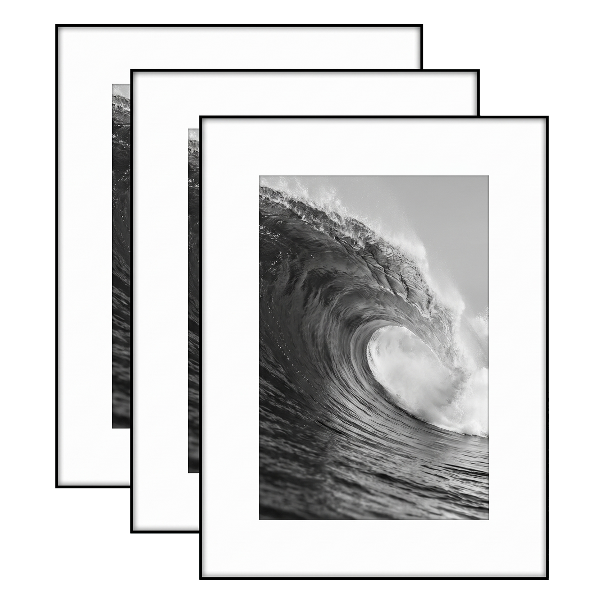 Three black 12x16 frames stacked, white mat opening to 8x12, a barrelling wave 