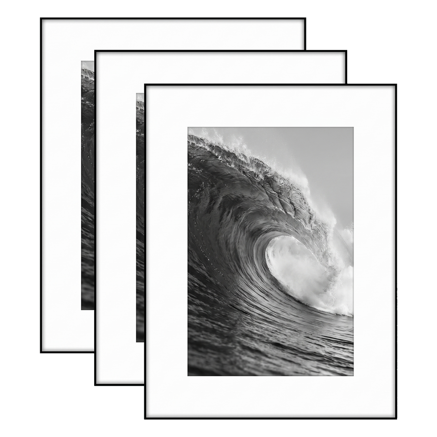 Three black 12x16 frames stacked, white mat opening to 8x12, a barrelling wave 