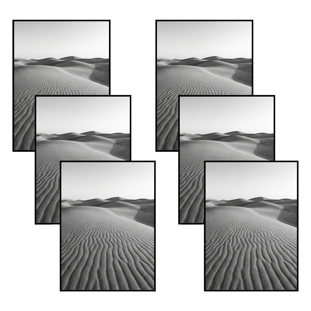 Six black 8.5x11 frames in two columns, rippled sand dunes 