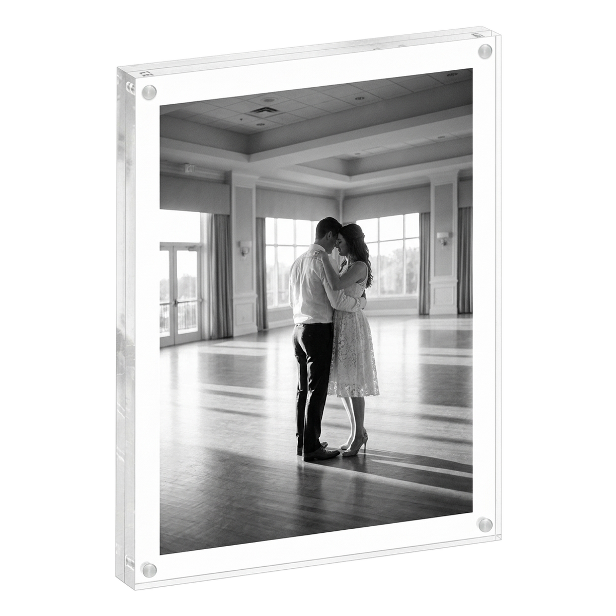 Clear acrylic 8.5x11 block frame with magnet corners, a couple dancing in a sunlit hall 