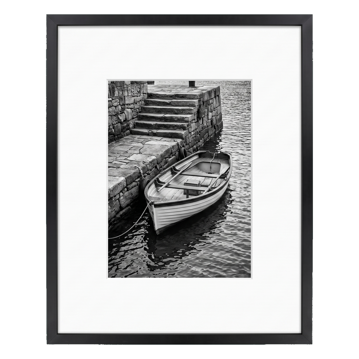 Black Brooklyn frame with a white mat, holding a photo of a rowing boat by stone steps 
