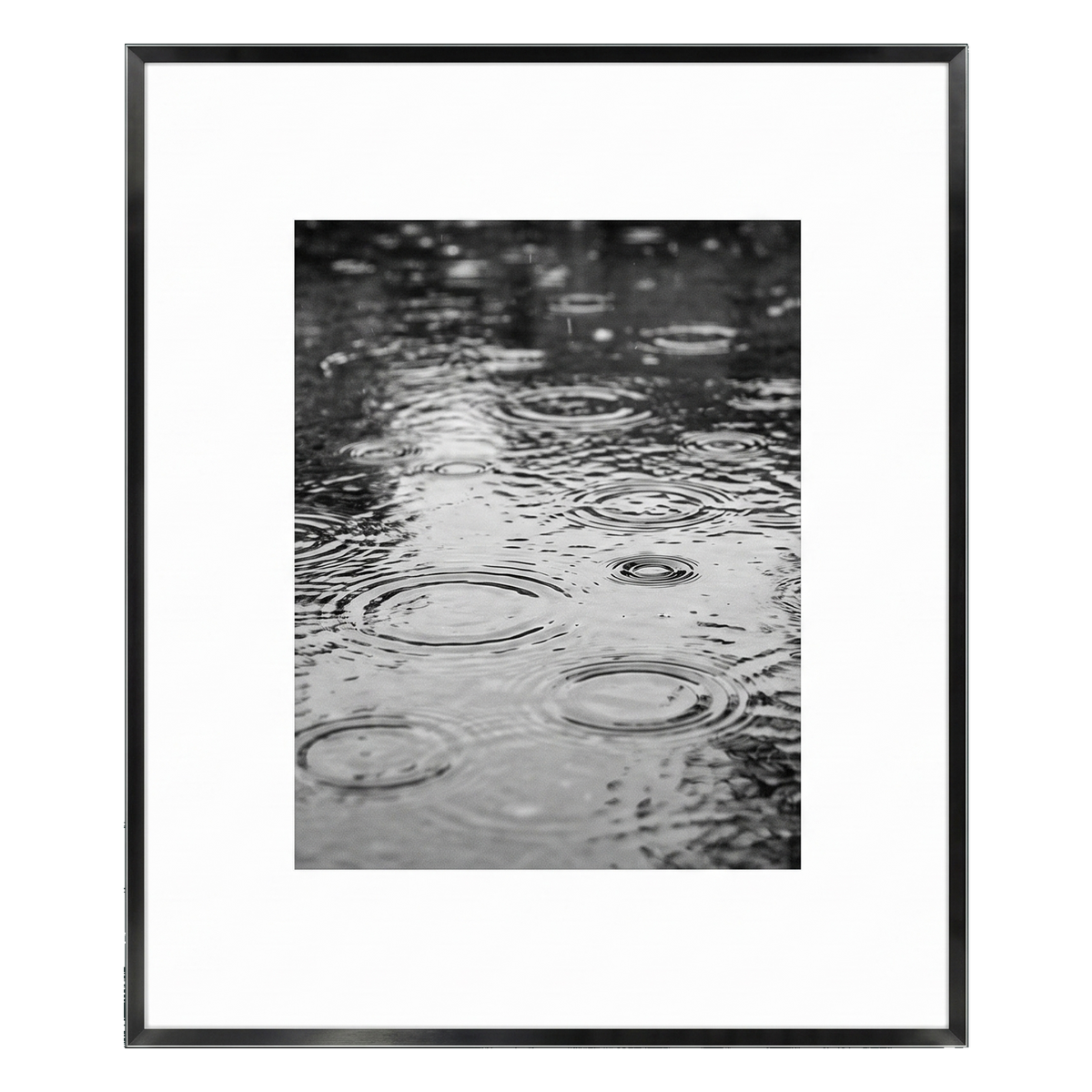 Black Brooklyn frame with a white mat, holding a photo of raindrops rippling on water 