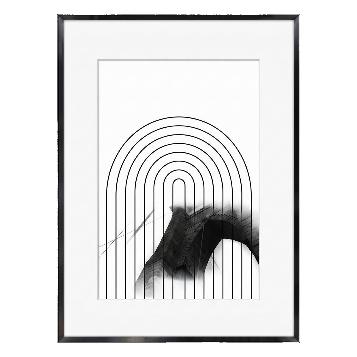 Black Brooklyn frame with a white mat, holding an abstract print of nested arches 