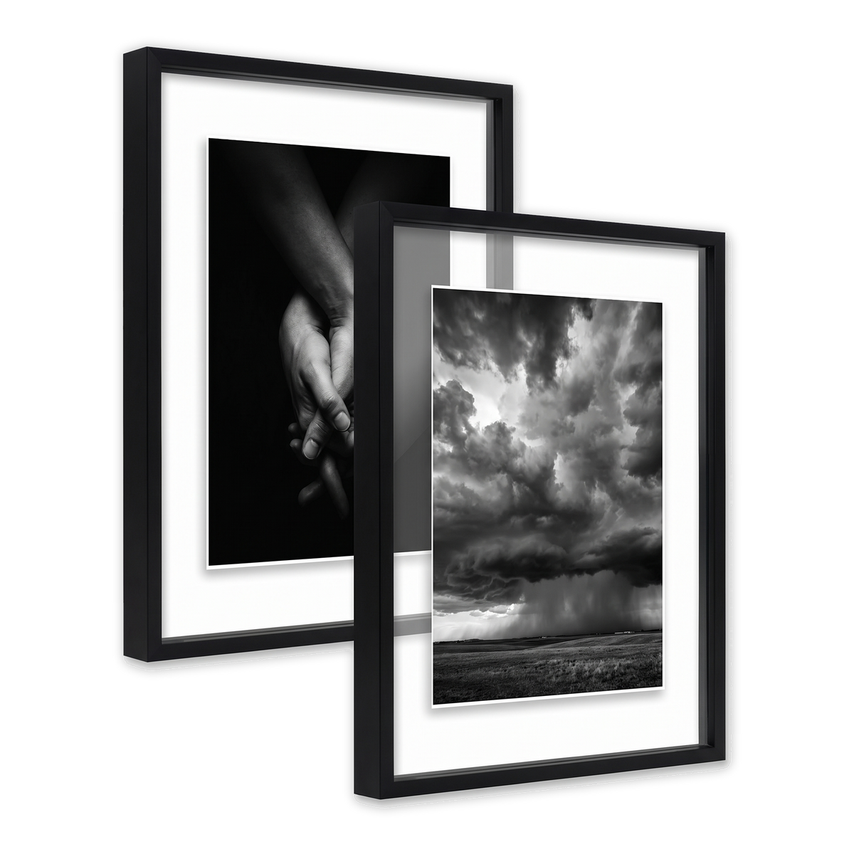 Two black 8x10 aluminium float frames overlapping, clasped hands and a stormy sky photo 
