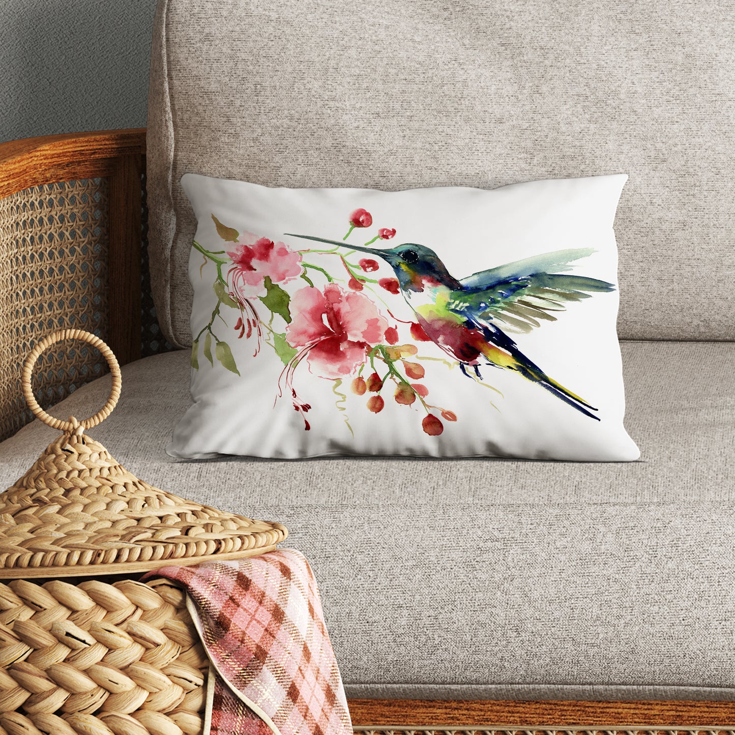 Throw Pillow with Sewn-In Insert | Hummingbird and Flowers Design