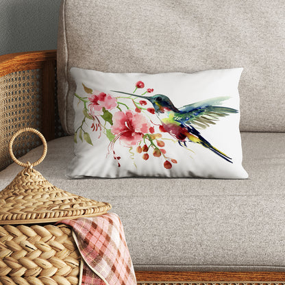 Throw Pillow with Sewn-In Insert | Hummingbird and Flowers Design